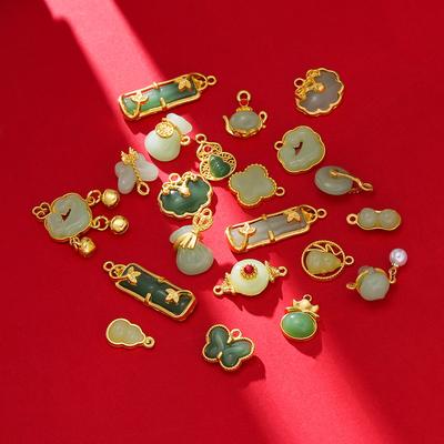 2Pcs Glass Alloy Inlaid Jade Pendant Safety Buckle Cloud Lock Pendant Handmade DIY Bracelet Necklace Antique Clothing Accessories