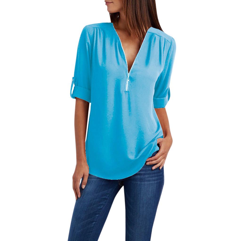 Women Ladies Zipper Button Long Sleeves Loose Chiffon Shirt Clothing