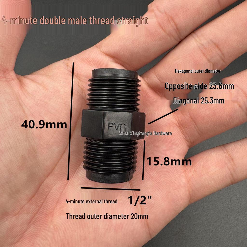 PVC Black Double-Threaded Straight Adapter, 1/2" to 3/4" - Dual External Threads Nipple Connector