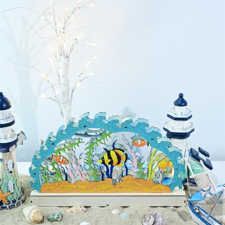Ocean Theme LED Lamp Table Ornament Wood Carve Desk Decors for Livingrooms
