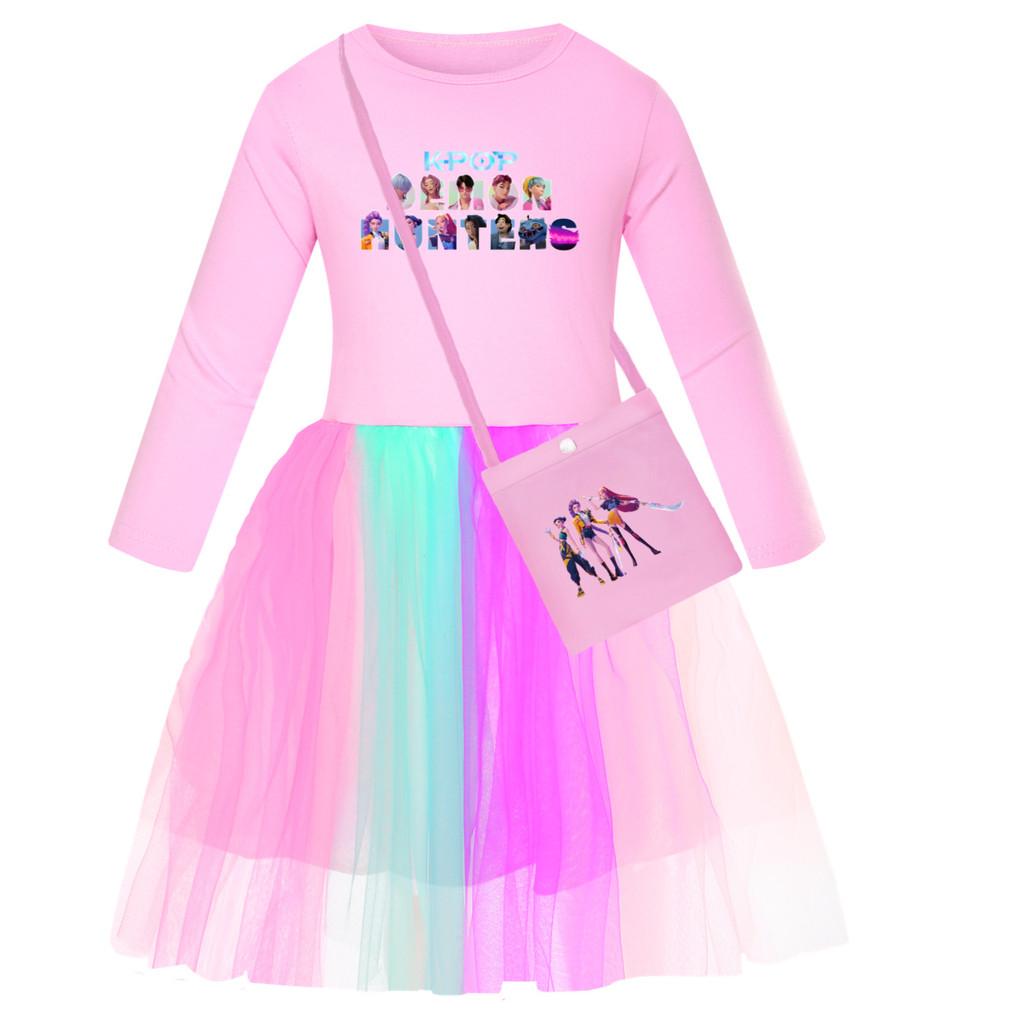 Kinder Mädchen Anime Cartoon POP Sängerin Super Star Rumi Zoey Mira Print Mesh Regenbogen Rundhals Lässiges Baumwollkleid