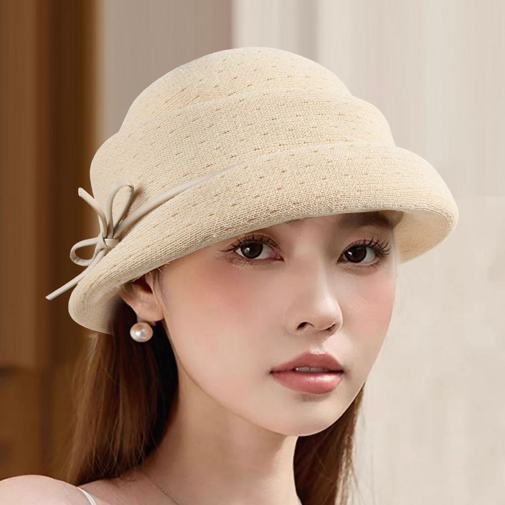Elegant curled top hat women's spring and summer new sunscreen breathable advanced sense basin hat fashionable face small sun hat hollow