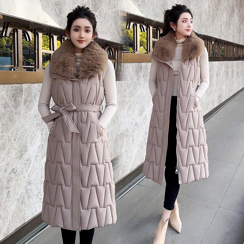 Autumn and Winter Down Cotton Vest Women's New Large Size Knee Long Medium Slim Fur Collar Vest Jacket