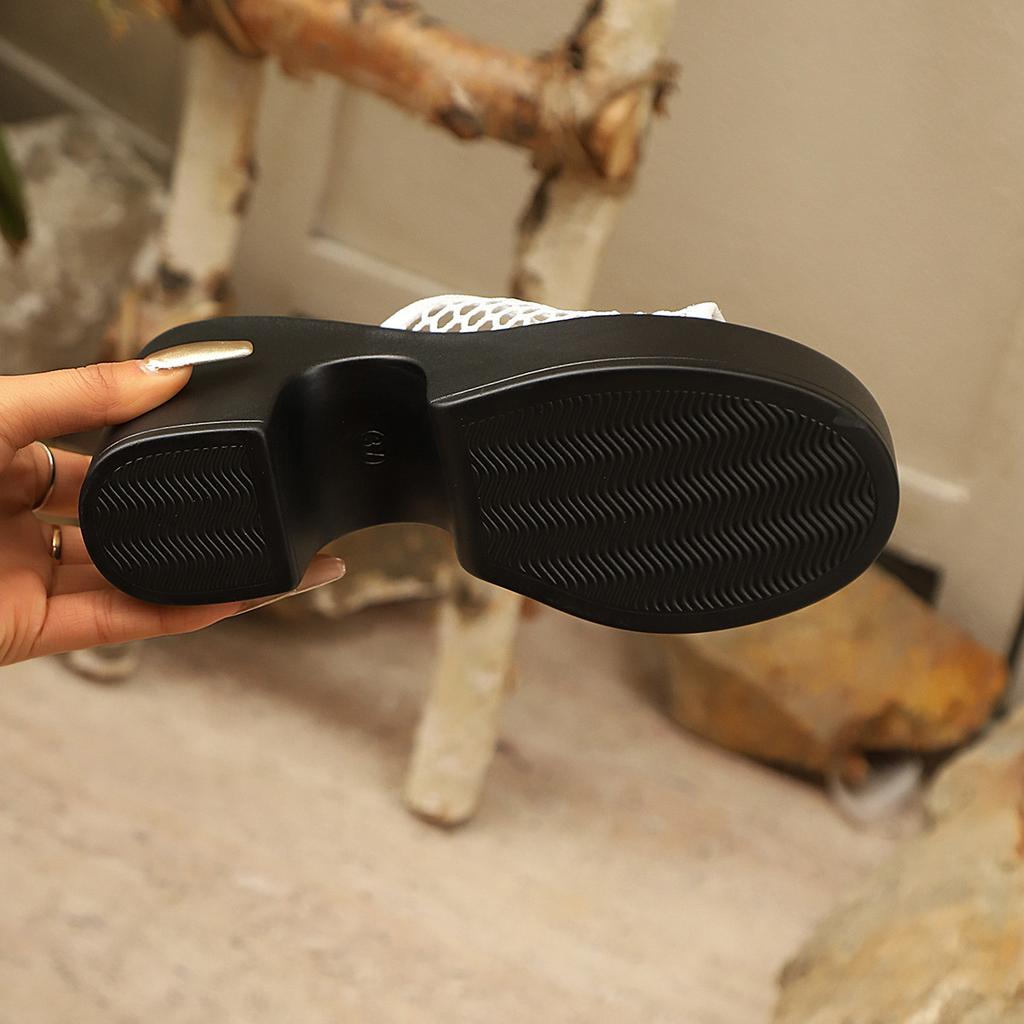 Hollow Mesh Cloth Square Head 2025 Summer New Sandals Thick Low Heels Fashionable and Sexy Outer One-word Slippers
