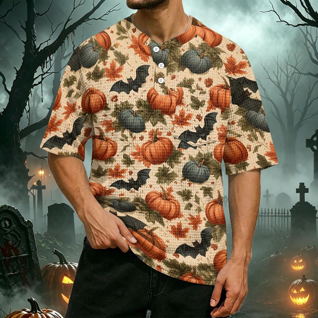 Men's Casual Waffle Knit Raglan Sleeve Short Sleeve Shirt Halloween Pumpkin Print Lightweight Breathable Top for Everyday Wear