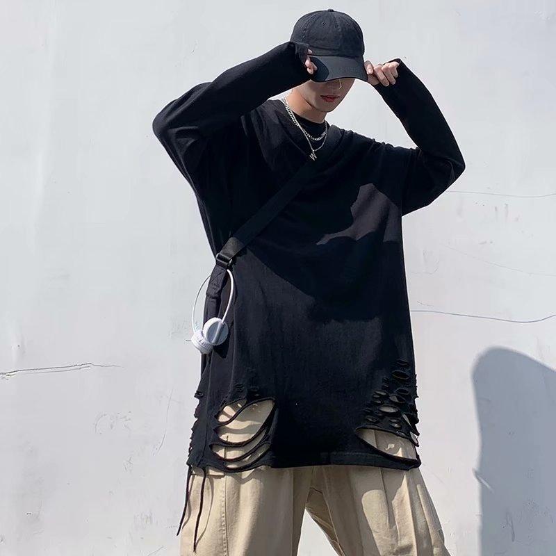 spring autumn oversized t-shirt for men harajuku solid hole T Shirt men's Pullover t-shirts long sleeve y2k Tops hip hop streetwear