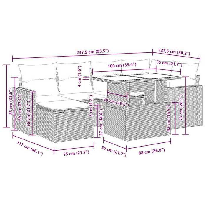 VidaXL Salon de jardin avec coussins 7pcs marron résine tressée acacia, ensemble de canapés d'extérieur, salon de jardin 3326355