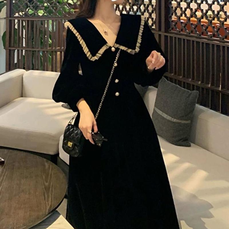 New Autumn Black Peter Pan Collar Dress Women's French High-end Elegant Long Dress Waist-cinching Slimming Audrey Hepburn Style Dress