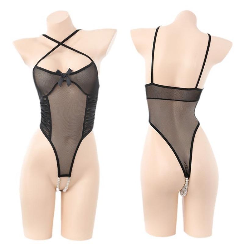 Ladies' Sexy Lingerie Sexy and Passionate Temptation Jumpsuit with Mesh Bead Chain Double Line Opening No Take Off Jumpsuit