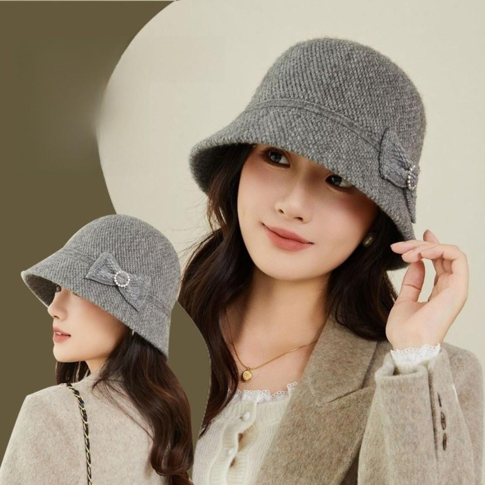 Elegant Bow Fisherman Hat Thickened Windproof Bucket Hat Solid Color Foldable Basin Caps