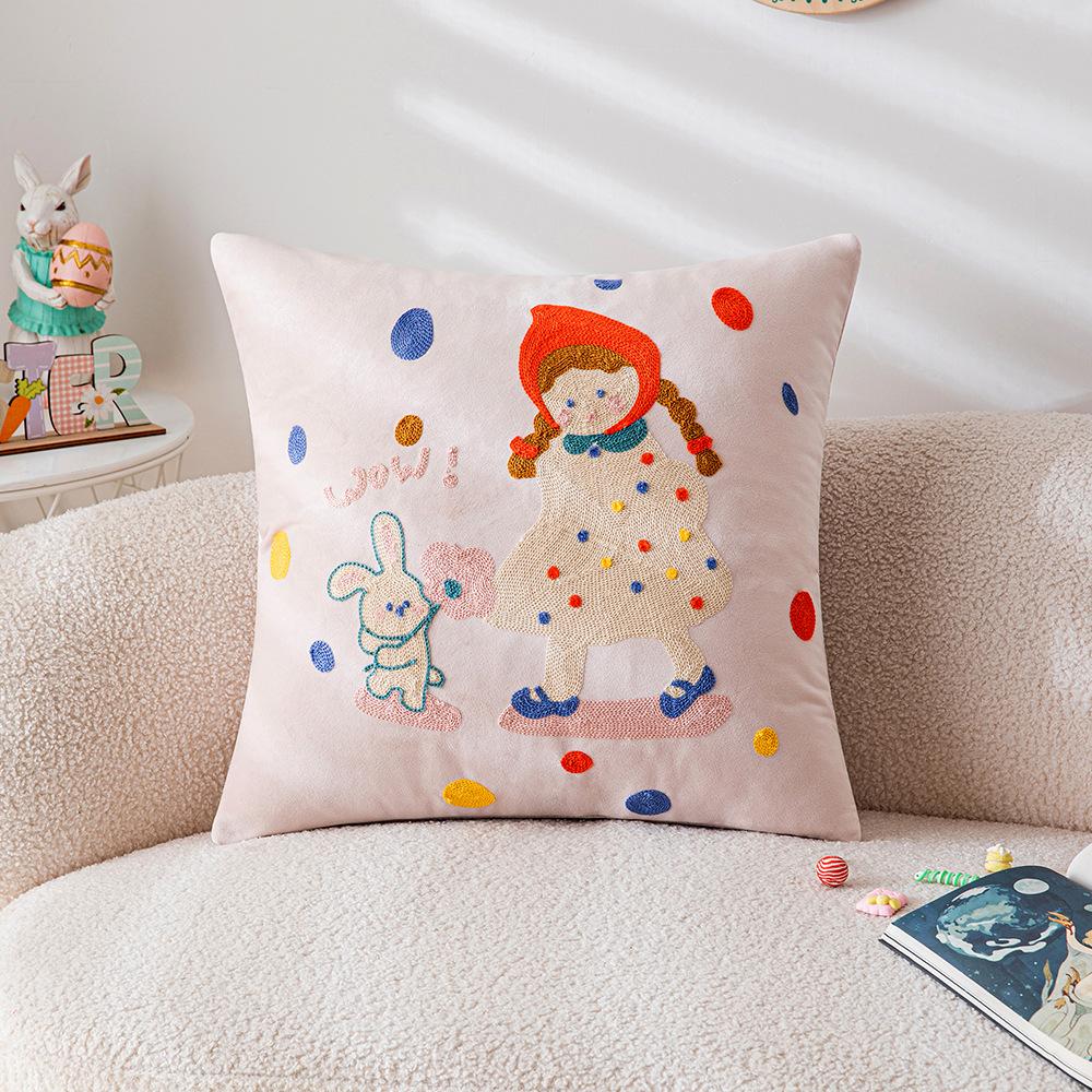 Cute Cartoon Embroidered Pillowcase Living Room Sofa Children's Room Bedside Cushion Pillow Animal Cat Pillow