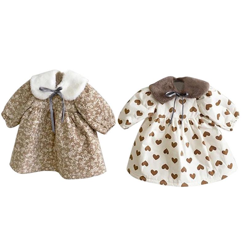 Clearance: Baby Heart Print Quilted Dress with Fur Collar - Long and Warm
