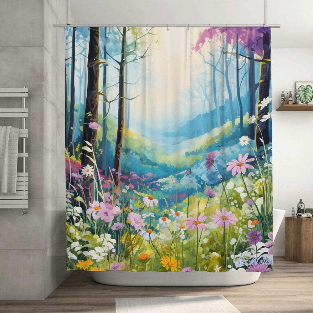 Vibrant Garden Shower Curtain Blue Floral Design For Bathroom Decor Waterproof Fabric With Hooks Included Perfect Gift Idea