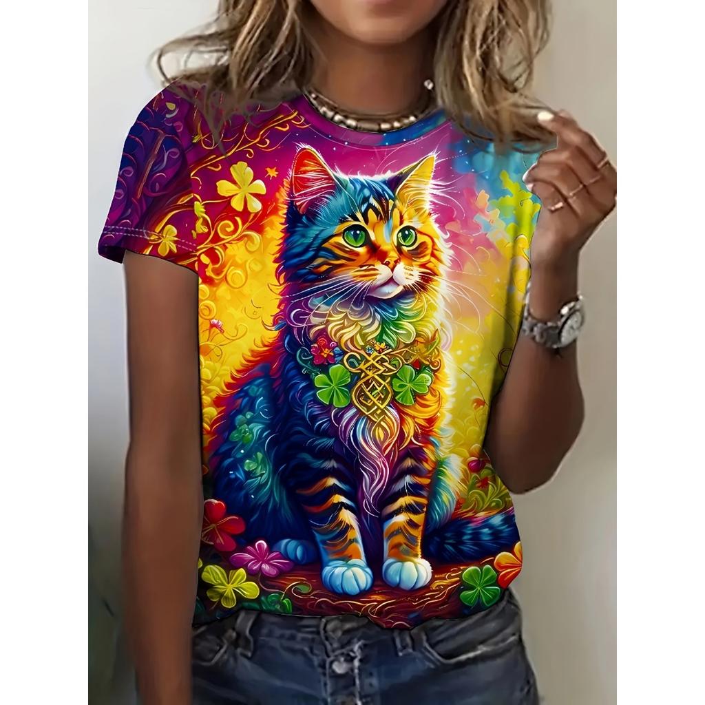 Summer New Women's 3D Digital Printed T-shirt Creative Animal Pattern Round Neck Casual Short Sleeve Loose Fashion Top