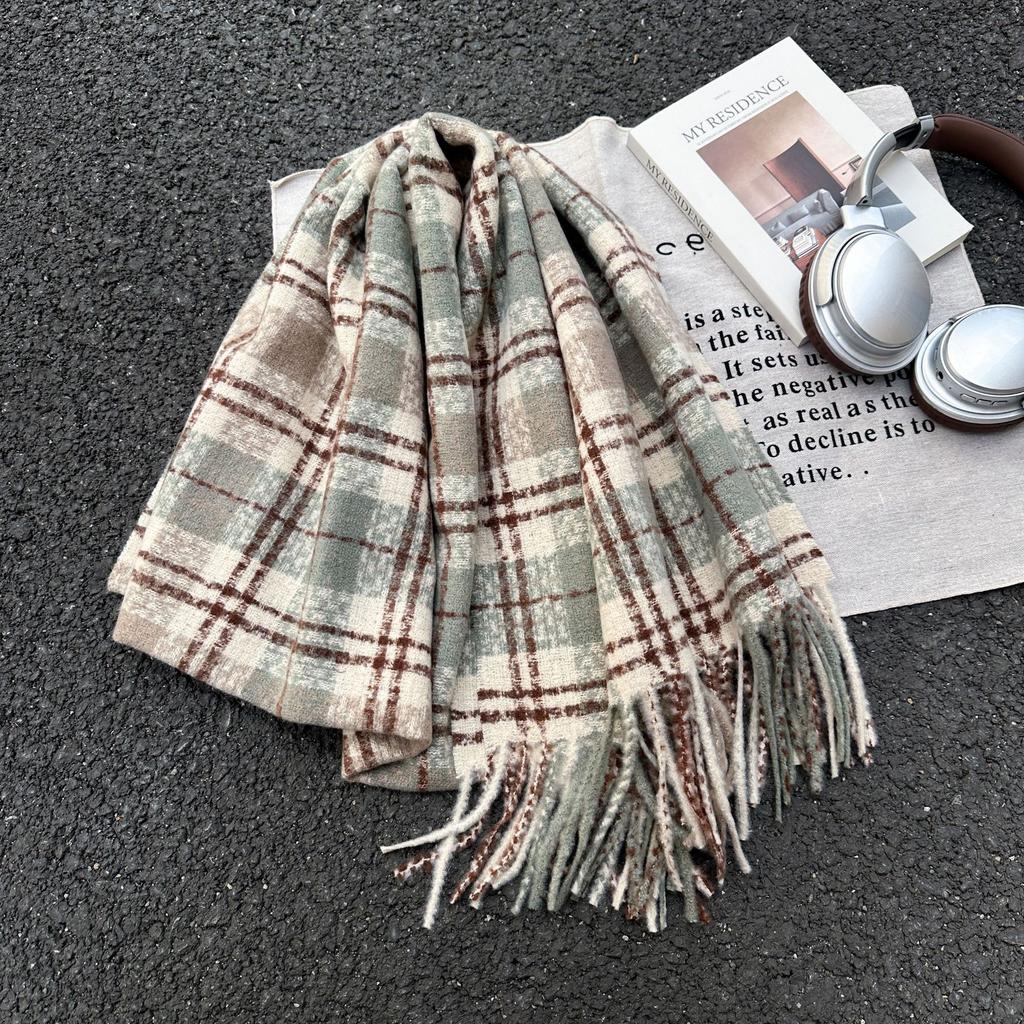 Retro New Plaid Scarf Women's Autumn and Winter Versatile Warm Thickened Imitation Cashmere Shawl Scarf Dual-purpose