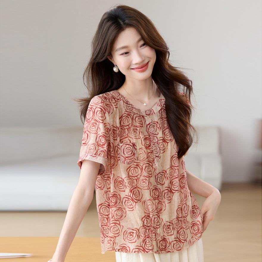 Light Floral Short-sleeved Chiffon Shirt T-shirt Women's Summer New Medium Loose and Thin Shirt Top