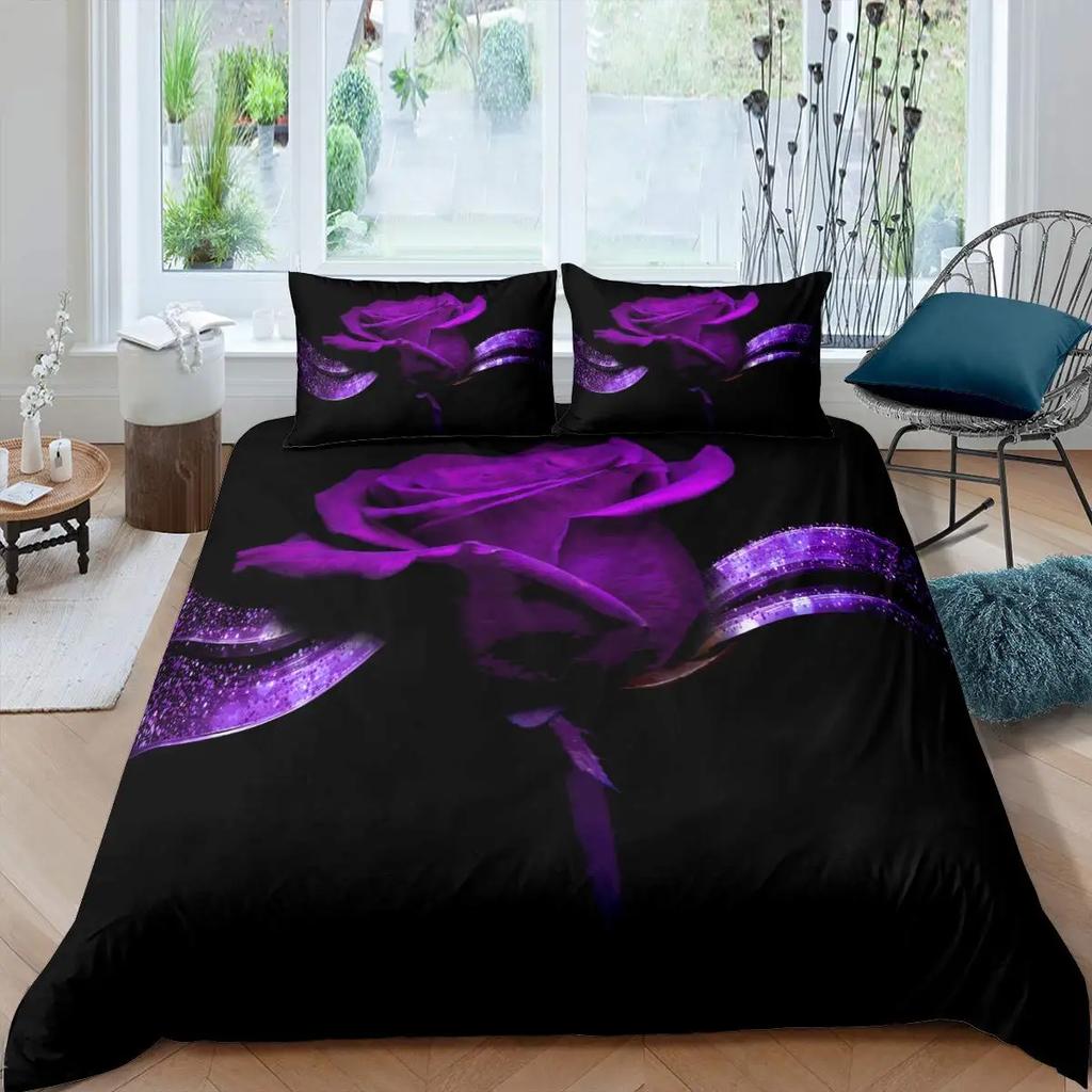 Purple Rose King Queen Duvet Cover Beautiful Butterflies Flowers Bedding Set For Teen Adults Floral 2/3Pcs Polyester Quilt Cover