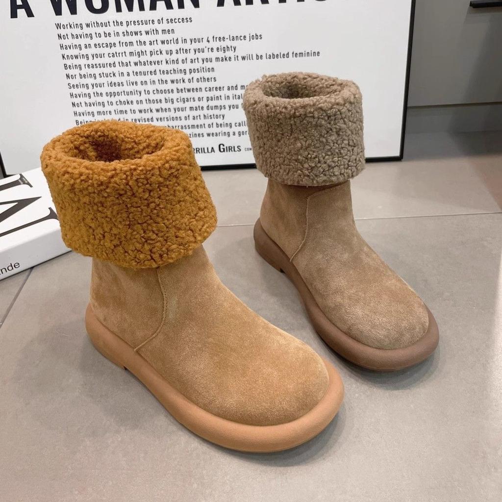 Fashion Plain Soft Mid Calf Woman Shoes 2025 New In Plush Warm Winter Novelty Waterproof Non Slip Padded Trend Goth Snow Boots for Women