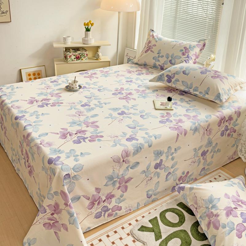 Watercolor Plant Leaves Bed Sheet Set 3Pcs 100% Cotton Bed Sheet with 2 Pillowcases Skin-friendly Comfortable Bedroom Bedspread