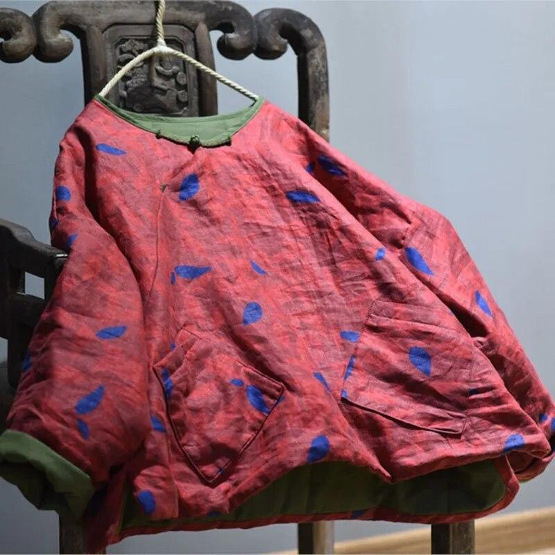 Johnature Dámské lněné zimní parky v čínském stylu s květinovým potiskem, s kulatým výstřihem a dlouhým rukávem, vintage teplé dámské parky