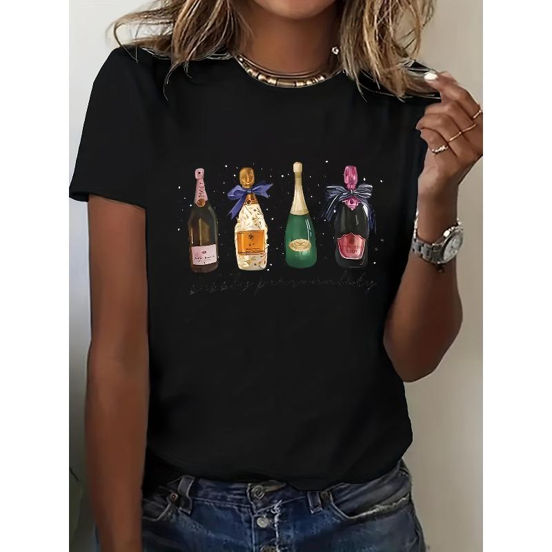 Damenmode Cartoon Champagner Druck Design Buchstabenmuster Heißprägung Rundhals Kurzarm T-Shirt Hemd, Lustiges Kurzarmhemd