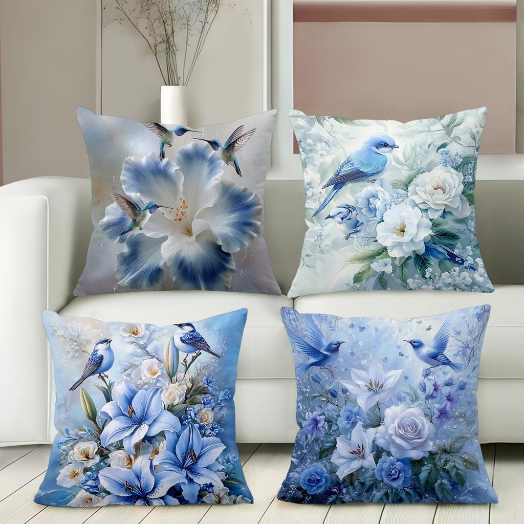 Blue Floral And Bird Pattern Decorative Cushion Covers Polyester Pillowcase, Sofa Decorative Cushion Cov Headboard Pillow
