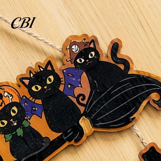Elegant Natural Wood Sign Halloween Wooden Door Sign, Black Cats Broom Front Hanger, Rustic Hanging Welcome for Home Window Wall Party Decor