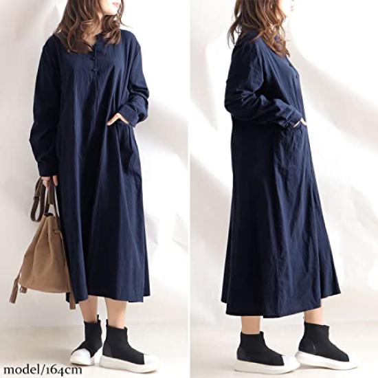 Gold Japan Plus Size Long Sleeve Solid Korean 5L Women's Dress, Wrinkle-Resistant Cotton, Color, Pockets, Style, Goldy-884, Navy,