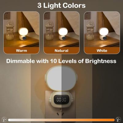 LED Night Light Plug-in with Clock Remote Control Flicker Free Eye Protection 3 Light Colors Dimmable Night Lamp