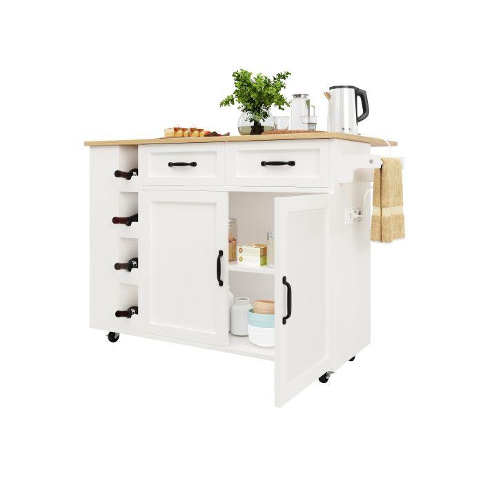 Îlot de cuisine - MUVOE - Chariot avec prises électriques - Bois blanc - 131,5 cm - Design pliant