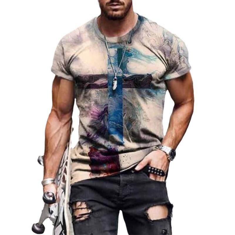 2024 Summer Retro Cross Pattern New Short Sleeved Round Neck Printed Men's T-shirt