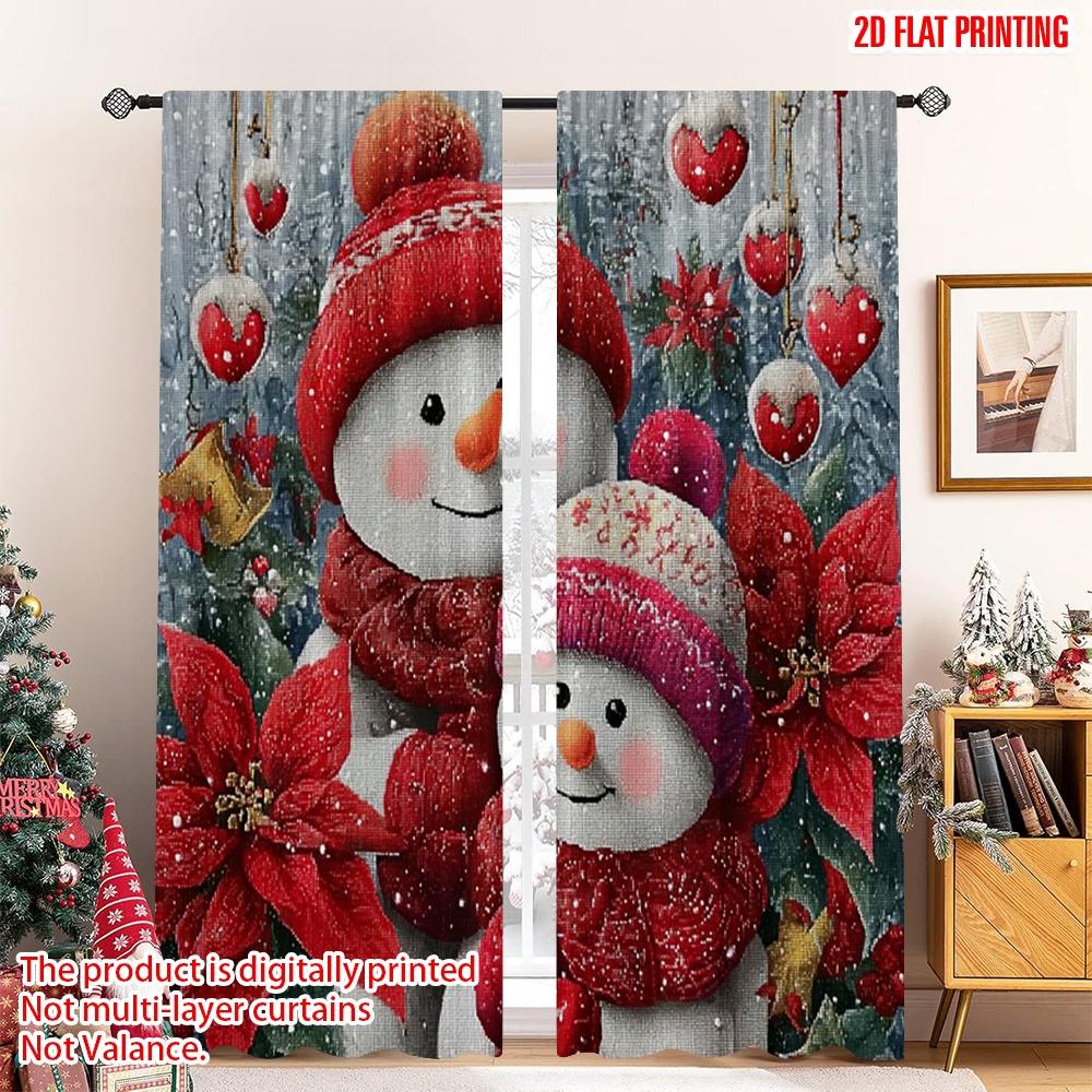 

Set Of 2 Flat Printing Christmas Hot Curtains Themed Red Hat Snowman Flower Digital Printed Polyester Drapes Classic Made W100*H70(CM)-Hooks&2PCS