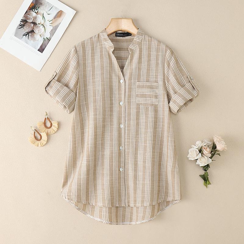 ZANZEA Women Casual V-Neck Summer Short Sleeve Stripe Blouse