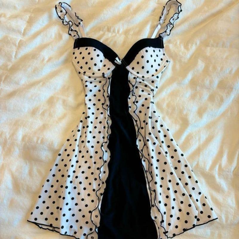 2025 White Polka Dot Camisole Dress for Women Layered Top Up Dress, Summer Belly Covering A-line Skirt