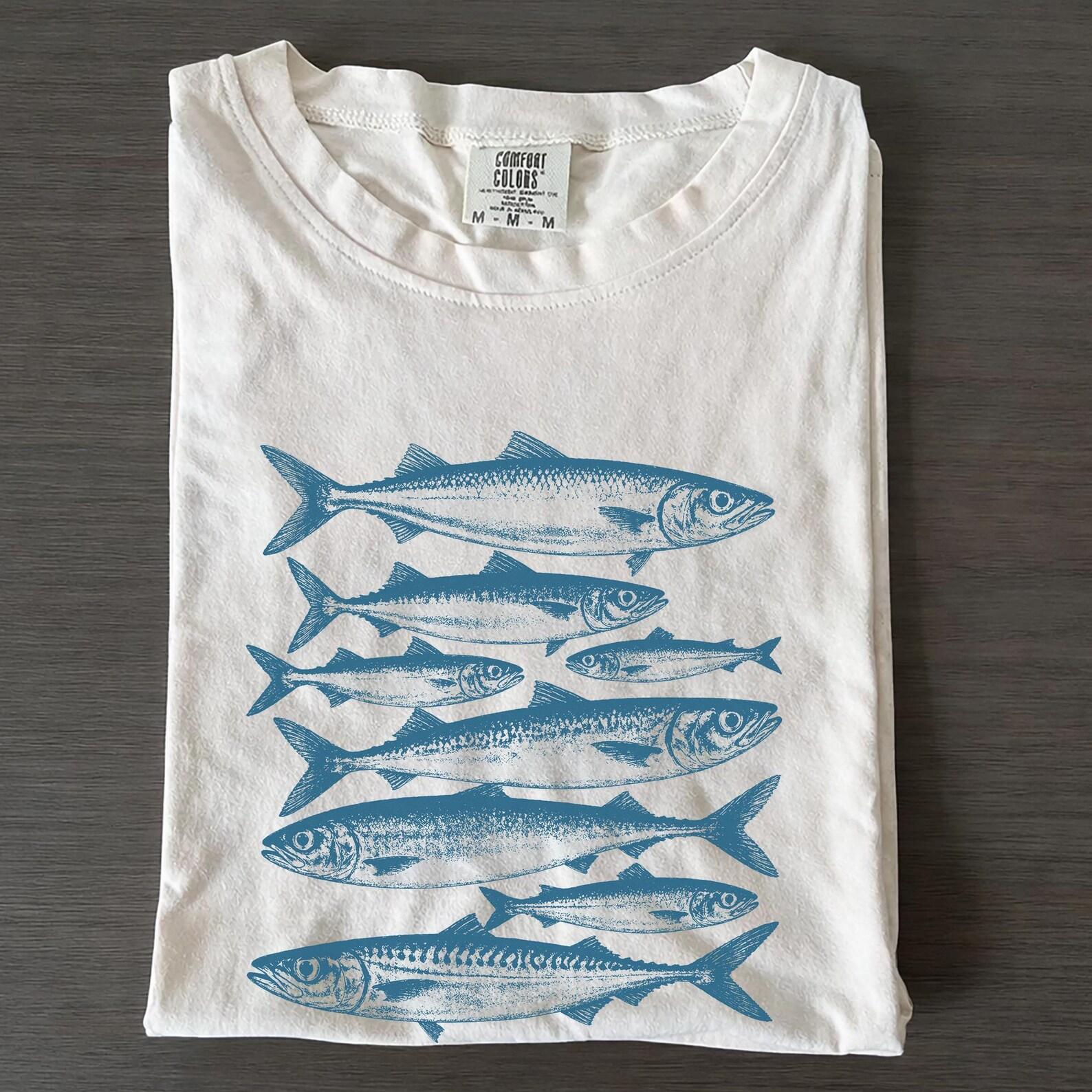 Blue Sardines Fish Shirt, Coastal Ocean Graphic, Vintage Fisherman Block Print Tee S