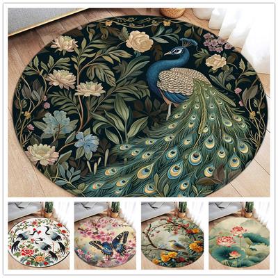 Lotus Flower Koi Cherry Blossom Chinese Style Round Carpet Peacock Butterfly Circular Floor Mat Living Room Bedroom Decor Rugs