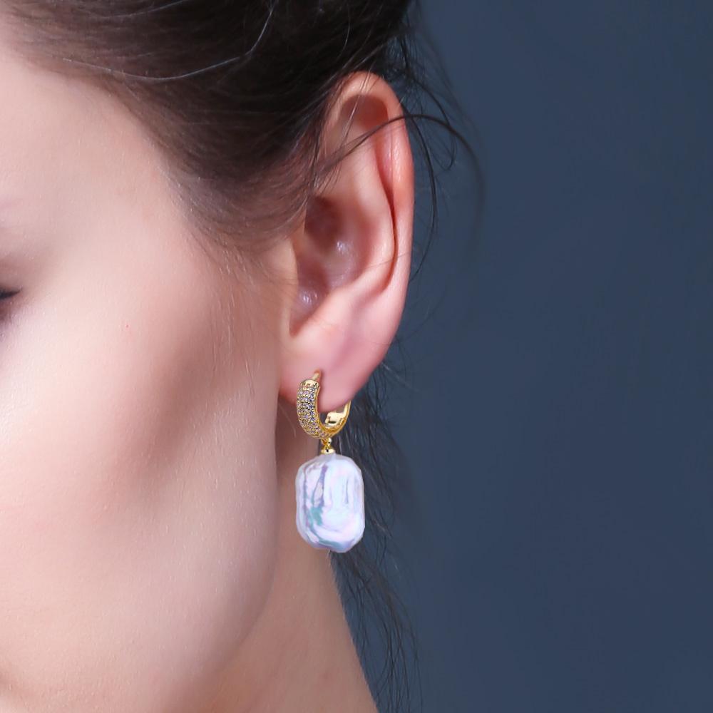 SENIKO Natural Freshwater Big Baroque Pearl Earrings Fashion Cubic Zirconia Pearl Drop Earrings For Women Party Jewelry