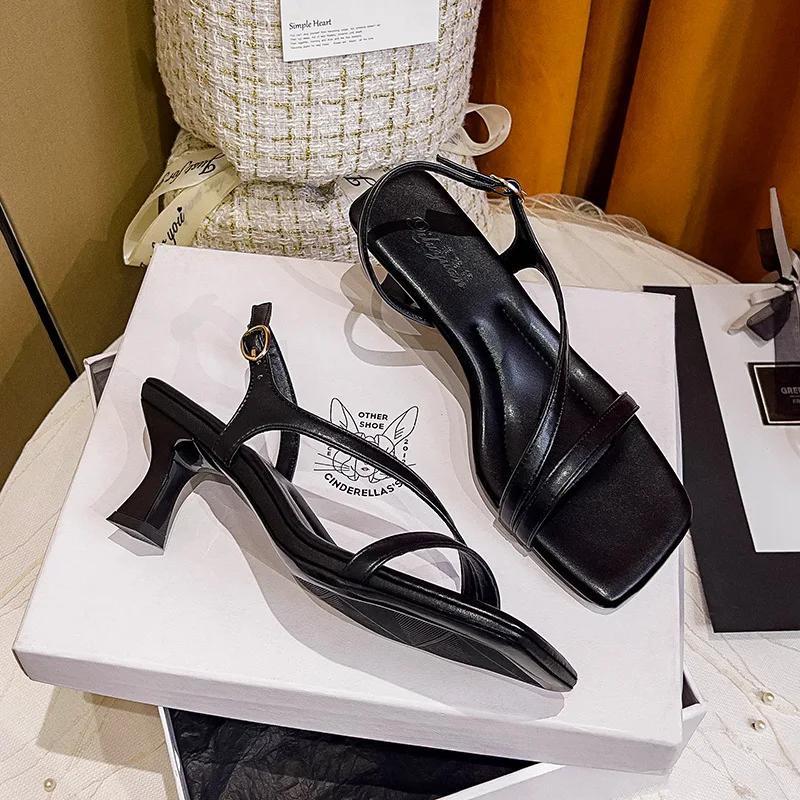 Fashion High-heeled Sandals Women's Summer 2025 New Square Head with High Heels Women's Stiletto French Fashion Cool Slippers