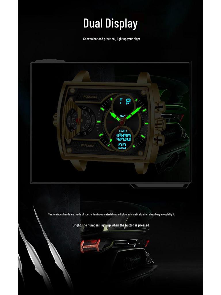 Men's Fashionable Square Dual Display Quartz Watch for Students with Large Dial