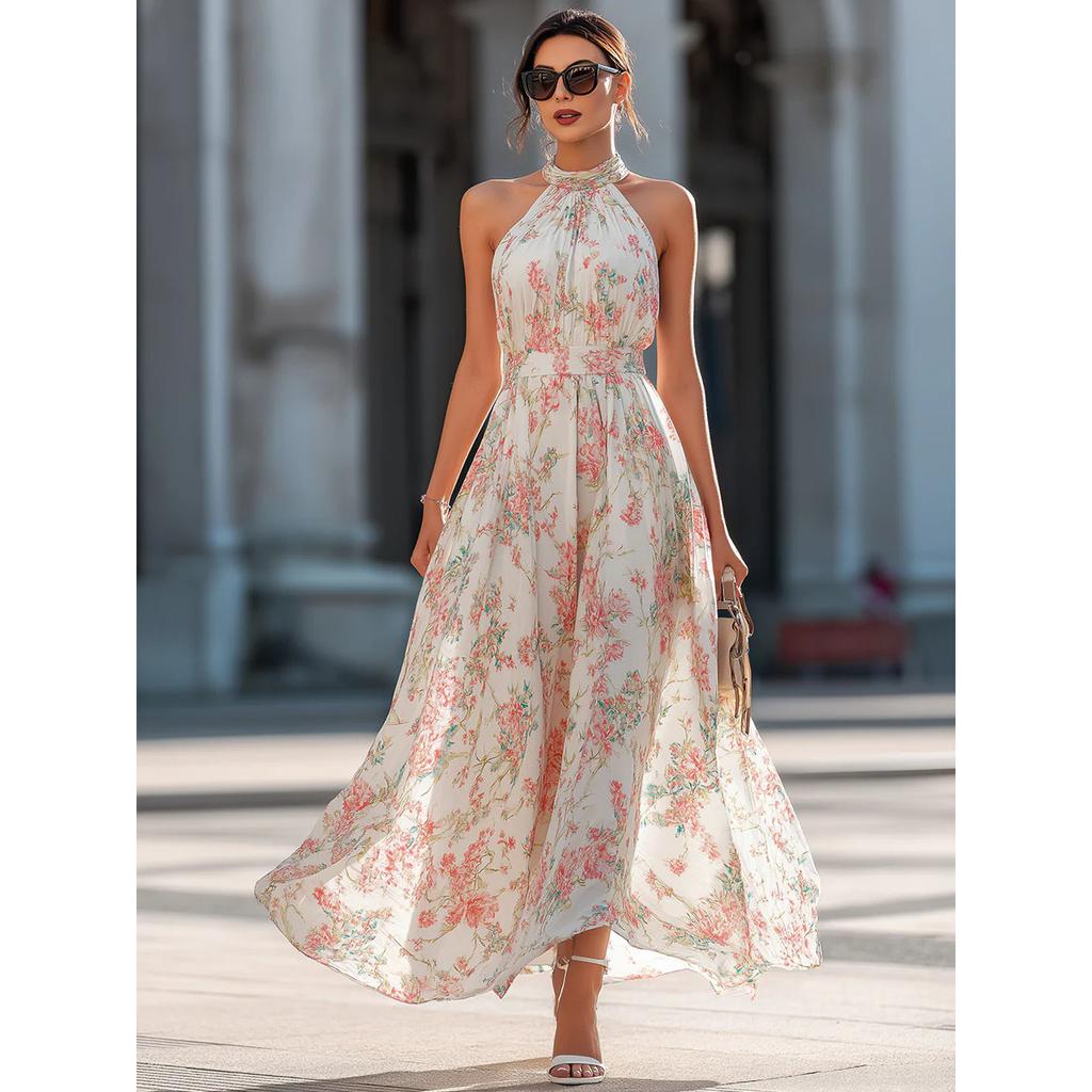 2026 Elegant Halter Neck Floral Maxi Dress for Women, Sleeveless Chiffon Flowy Long Dress, Summer Beach & Party Wear