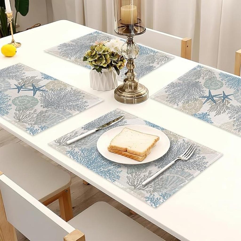 4KS Prostírání Oceán Korál Zelené Letní Korálový Útes Lněné Stolní Podložky Námořní Moře Mořské Mořské Řasy Žáruvzdorné Prostírání pro Stolování Kuchyň 32x45cm