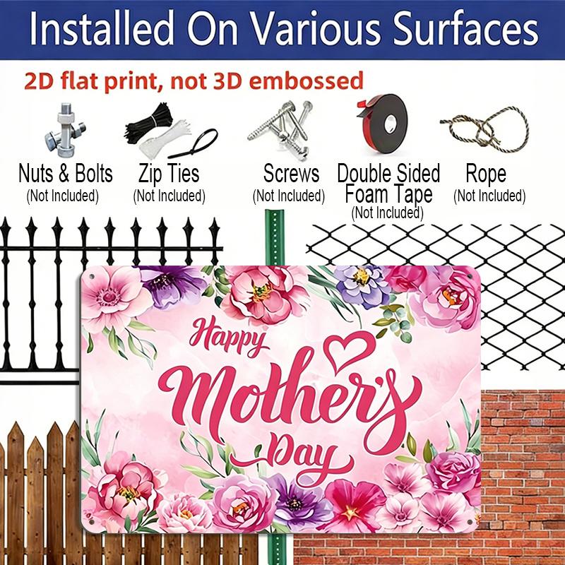 2D Flat, 1pc "Happy Mother's Day" Watercolor Floral Plaque, 12"×8" - Pink & Purple Flower Decor Sign - Aluminium Wall Hanging Decoration, Mother's