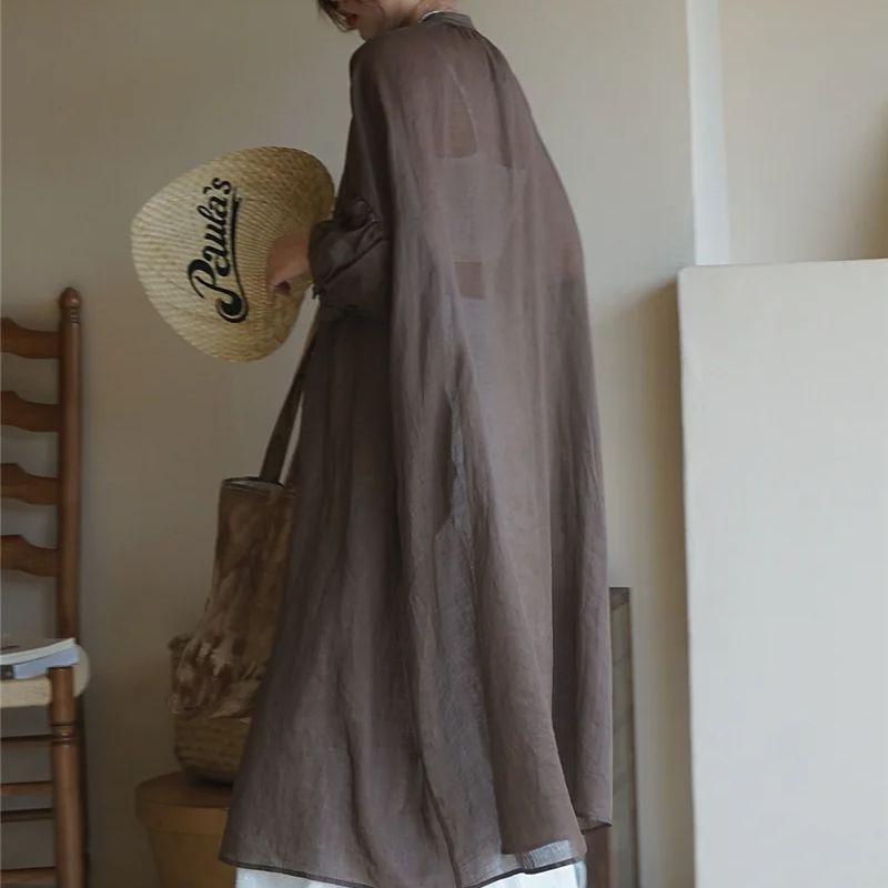 Spring Autumn Women's Vintage Ramie Shirt Dress Women Lantern Sleeve Design Dresses Loose Thin Vestidos