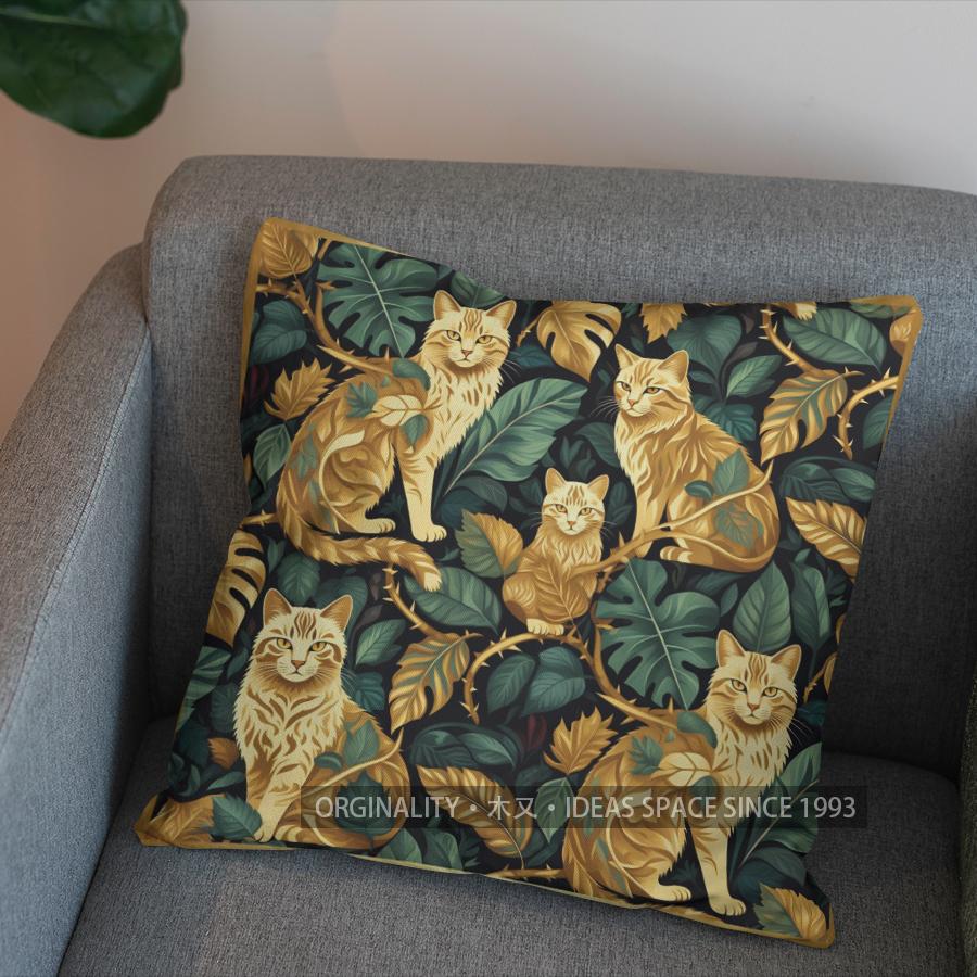 2D Golden Cats Among Green Leaves Pillow Cover Pattern Cushion Cover Suitable For Sofa Bedroom Car Pillow Cover