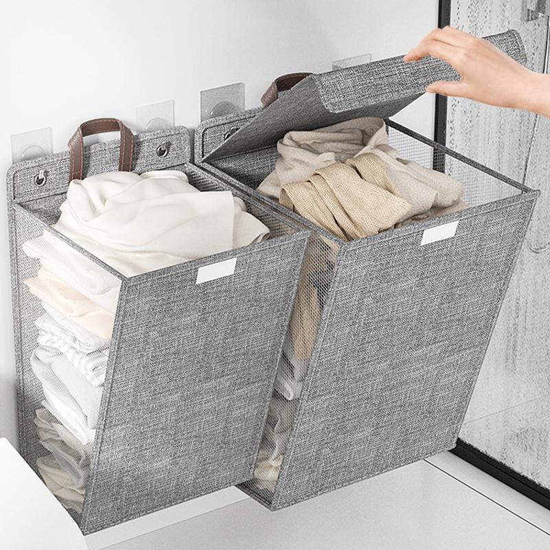 Foldable Dirty Laundry Basket with Lid and Handles Fabric Dirty Clothes Hampers Wall Hanging Washing Clothes Mesh Hook Organizer
