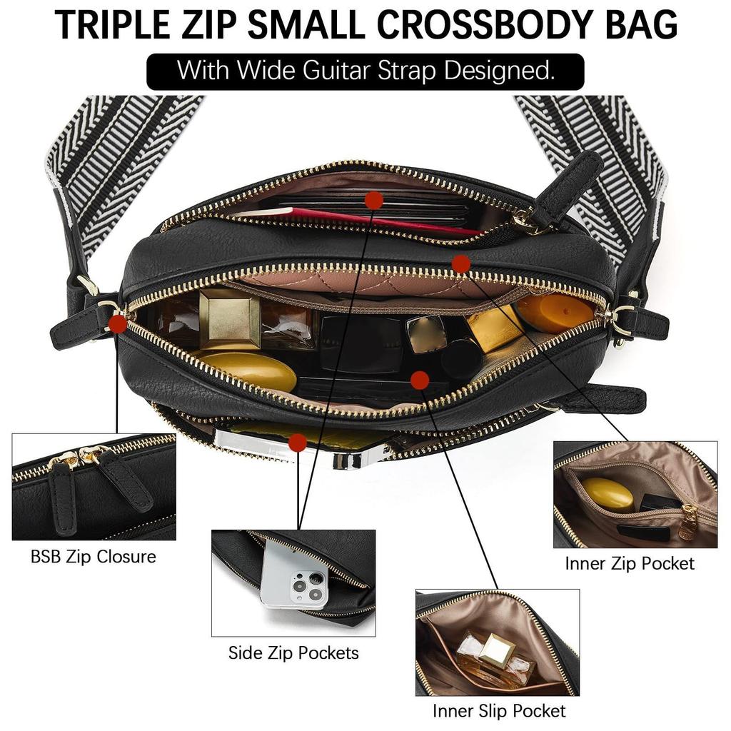 Nowa Damska Mała Skórzana Torba Crossbody z Trzema Zamkami i Kolorowym Paskiem - Torebka na Ramię na Telefon Komórkowy