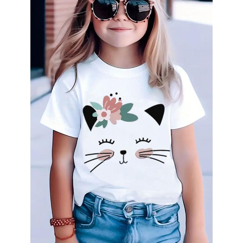 European Sizes Summer Children's Kitten Flower Print Round Neck Short Sleeve T-shirt, Simple and Fashionable Black, White, and Pink Kitten T-shirt