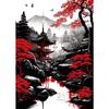 Leinwandmalerei Japanische Naturlandschaft Berg Tempel Leinwandposter Vintage Schwarz Rote Tuschekunst Wandkunst Drucke Heimdekor