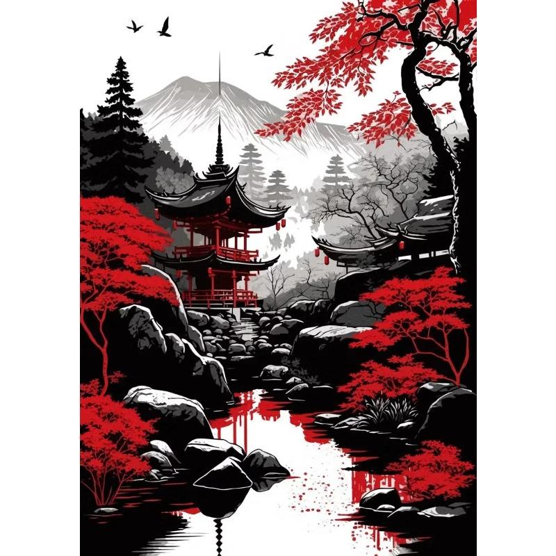 Leinwandmalerei Japanische Naturlandschaft Berg Tempel Leinwandposter Vintage Schwarz Rote Tuschekunst Wandkunst Drucke Heimdekor