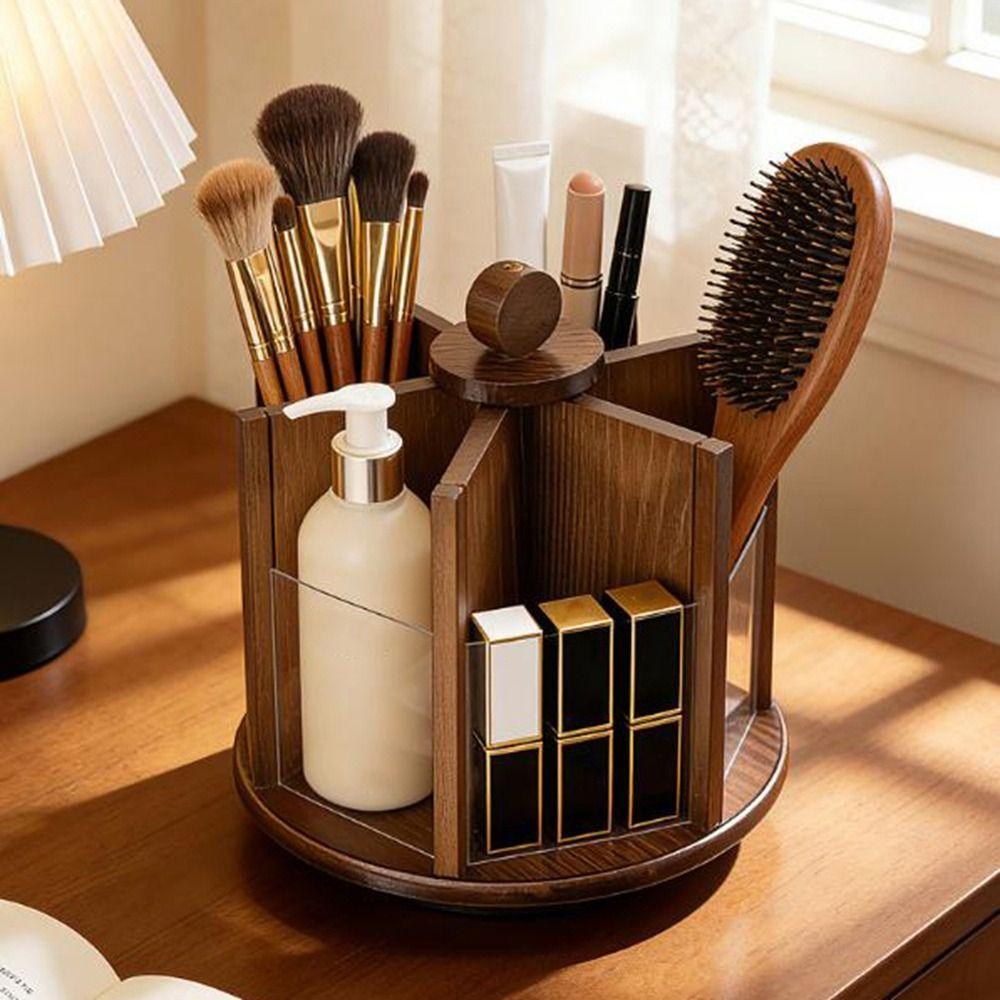 Bamboo Rotating Cosmetic Storage Box Large Capacity Multi-Compartment Facial Care Storage Rack Space Saving Makeup Organizer